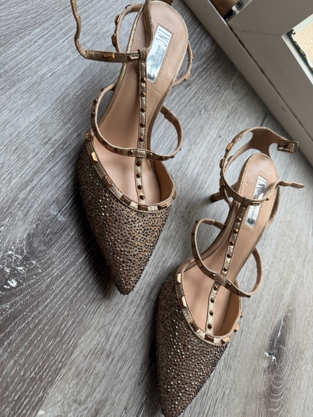 MIA Metallic Tan Pointed Toe T-Strap Flats with Studs